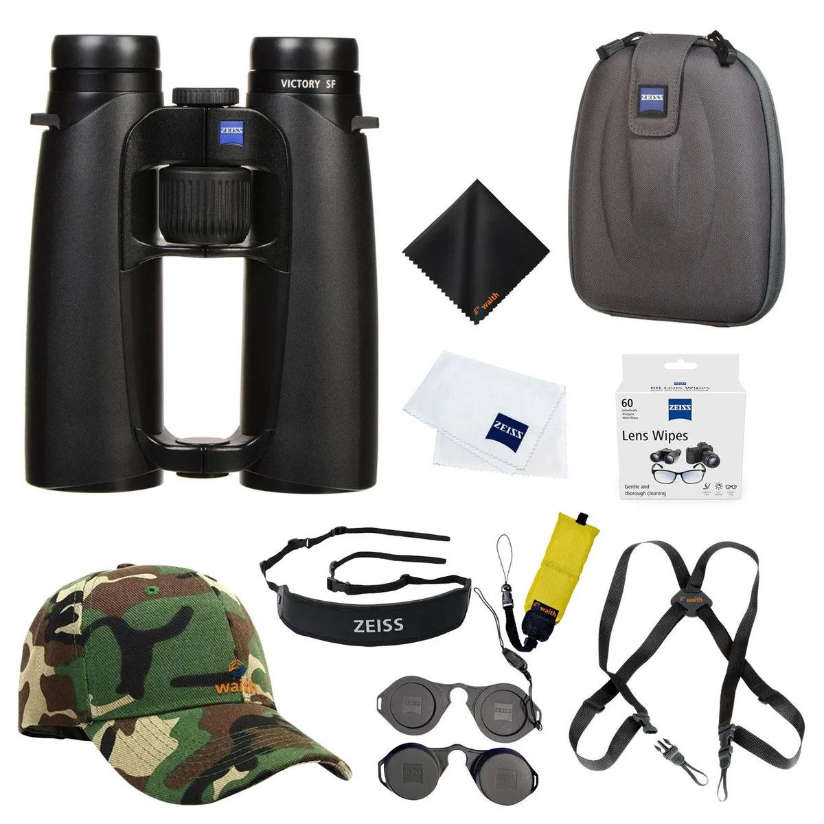 Zeiss Sports Optic Zeiss Victory SF T* 10x42 Binocular Bundle (Black) with Harness, Hat, Cloth, Wipes, Floating Strap — product photo