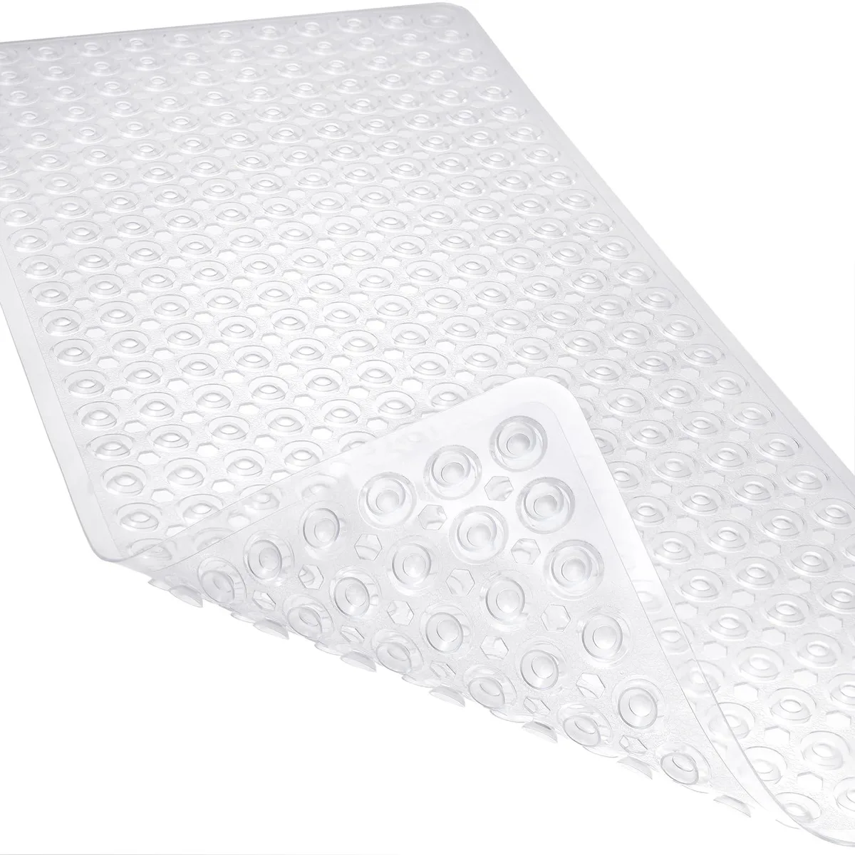 Clear rectangular bath mat with 324 suction cups and drainage holes