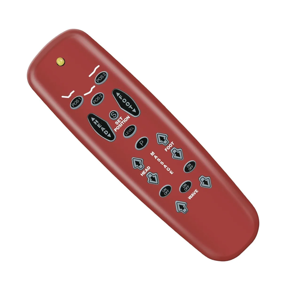 Red curved hand-held remote with silicone buttons