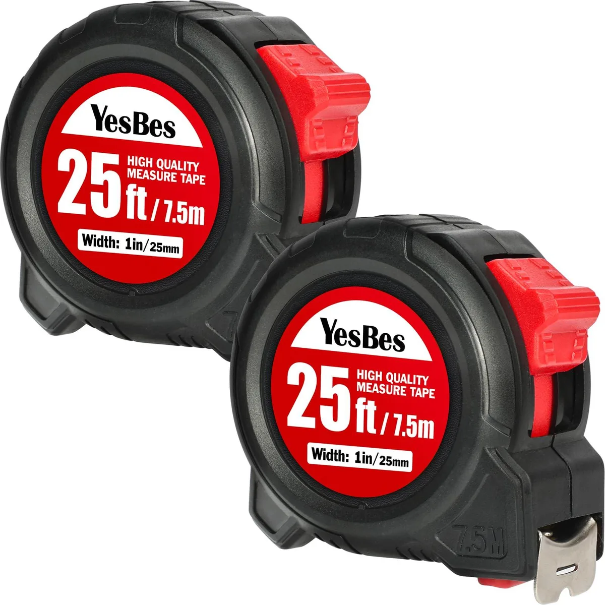 Yellow retractable tape measure, 25 ft blade, 1 inch wide, ABS and rubber case