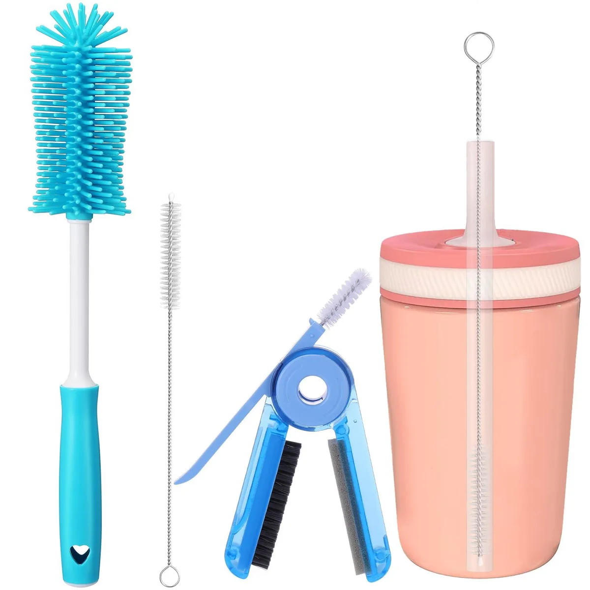 Three cleaning brushes for Zak 12 oz and 15 oz bottles, long silicone handle, multifunction head, straw brush