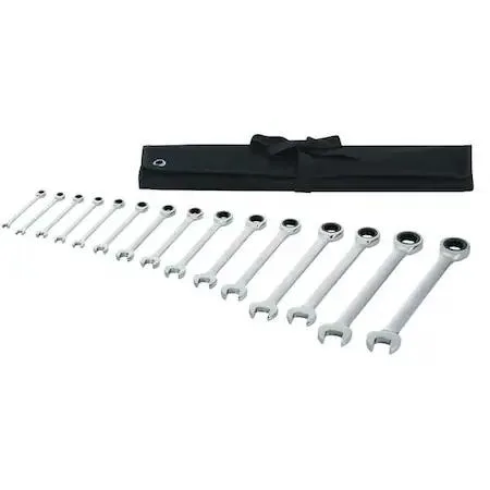 Set of 15 chrome alloy steel ratcheting wrenches in SAE sizes