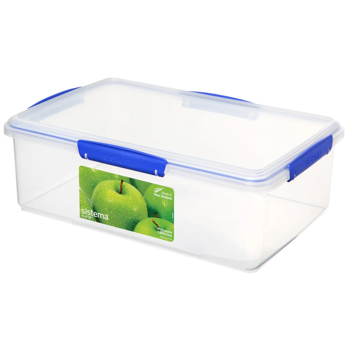 Rectangular blue plastic food container with locking clips on lid