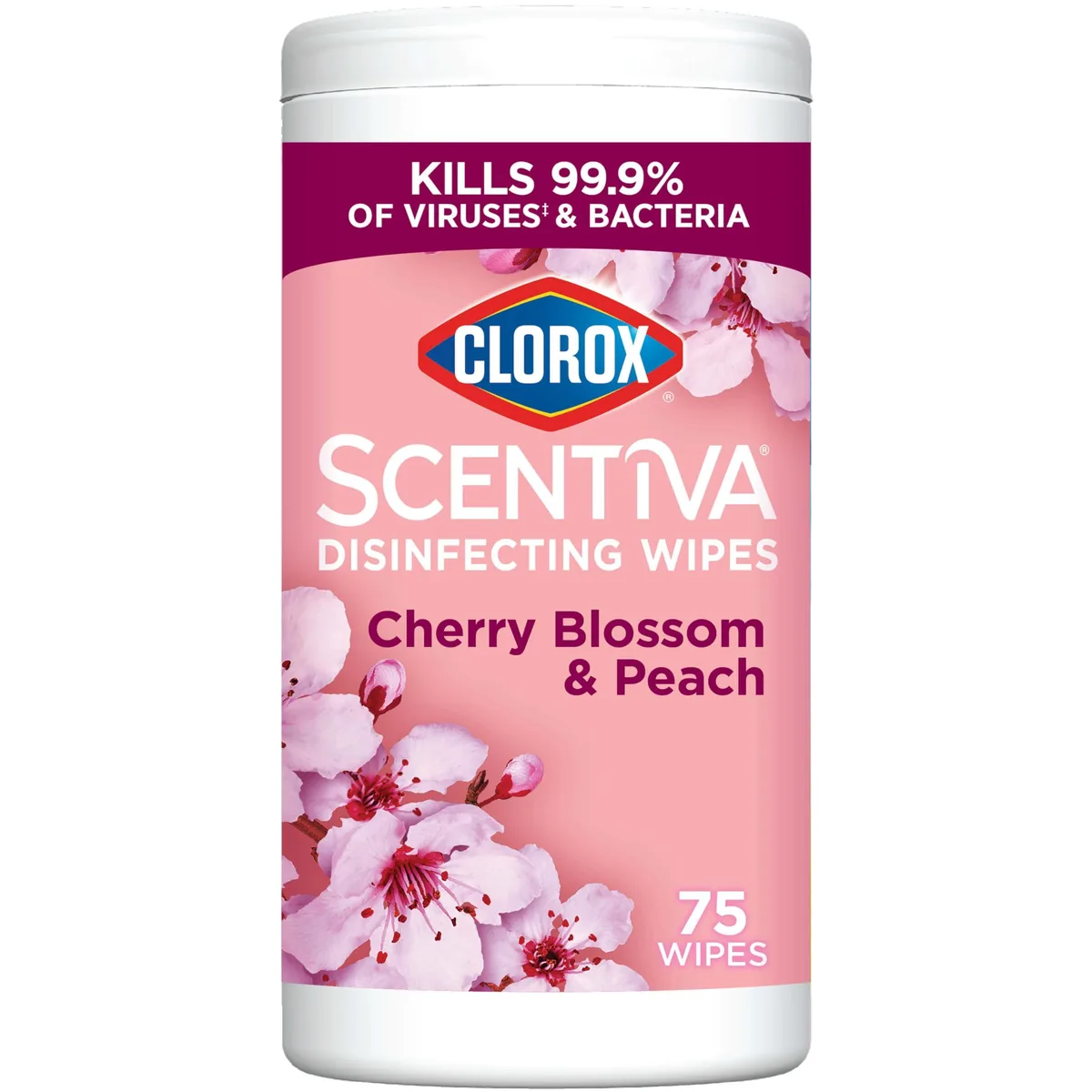 Canister of 75 cherry blossom scented disinfecting wipes