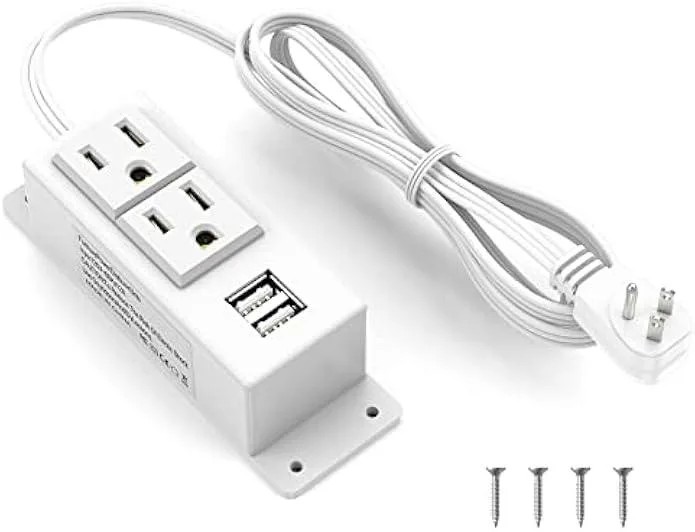 White power strip with two AC outlets and two USB ports, flat plug and 6.56 ft cord