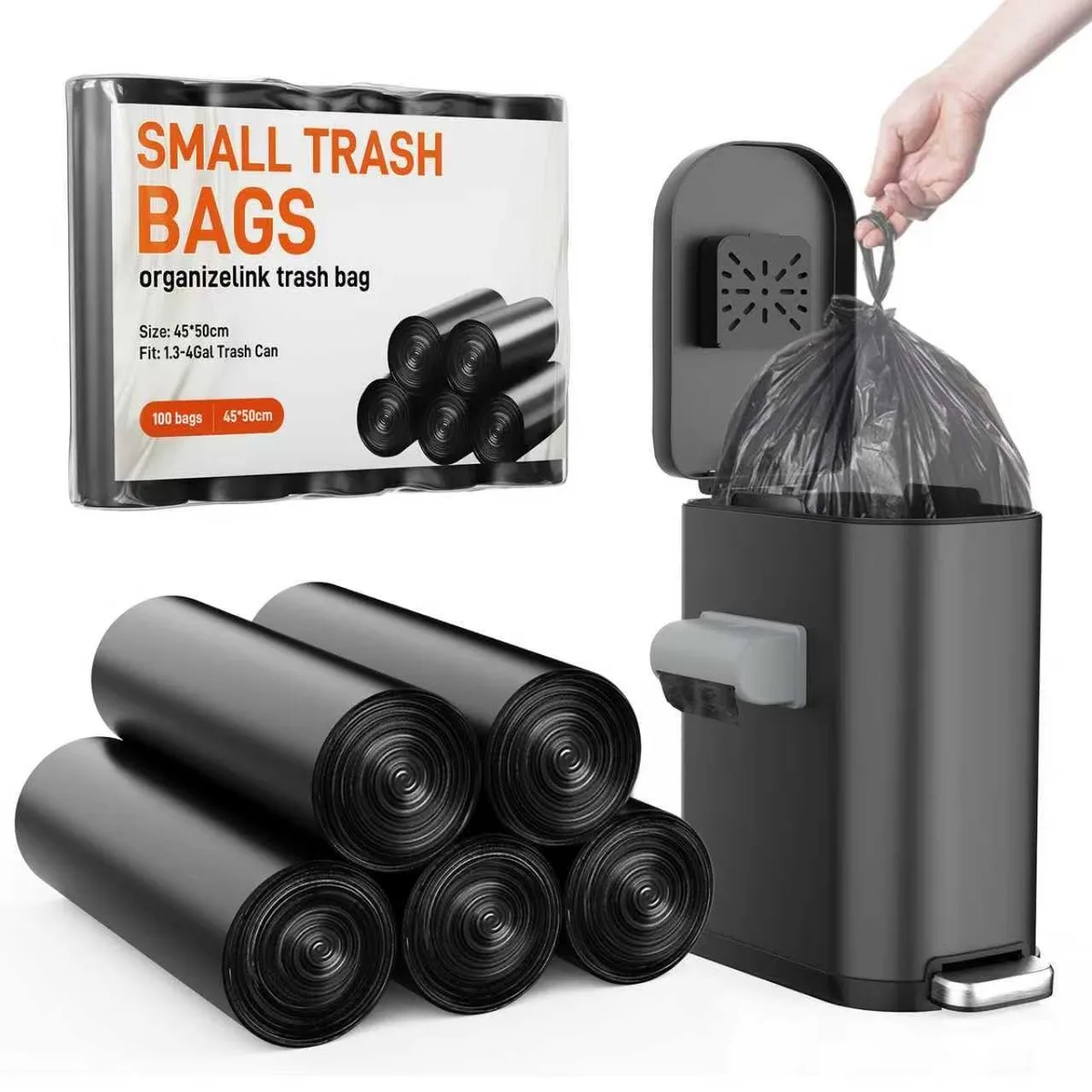Roll of 100 black 3 gallon trash bags, pure PE material