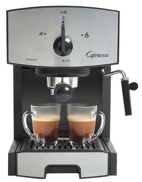 Black and silver stainless steel pump espresso machine with glass carafe