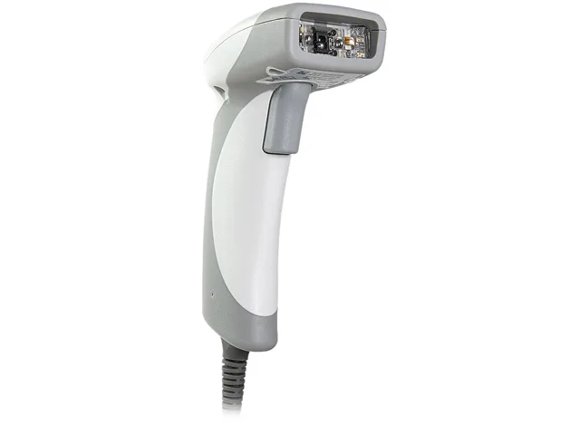 Light gray handled barcode scanner with coiled USB cable