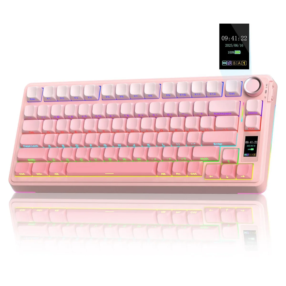 Gradient pink 75% wireless mechanical keyboard with LCD screen and knob, 80 side-printed PBT keycaps