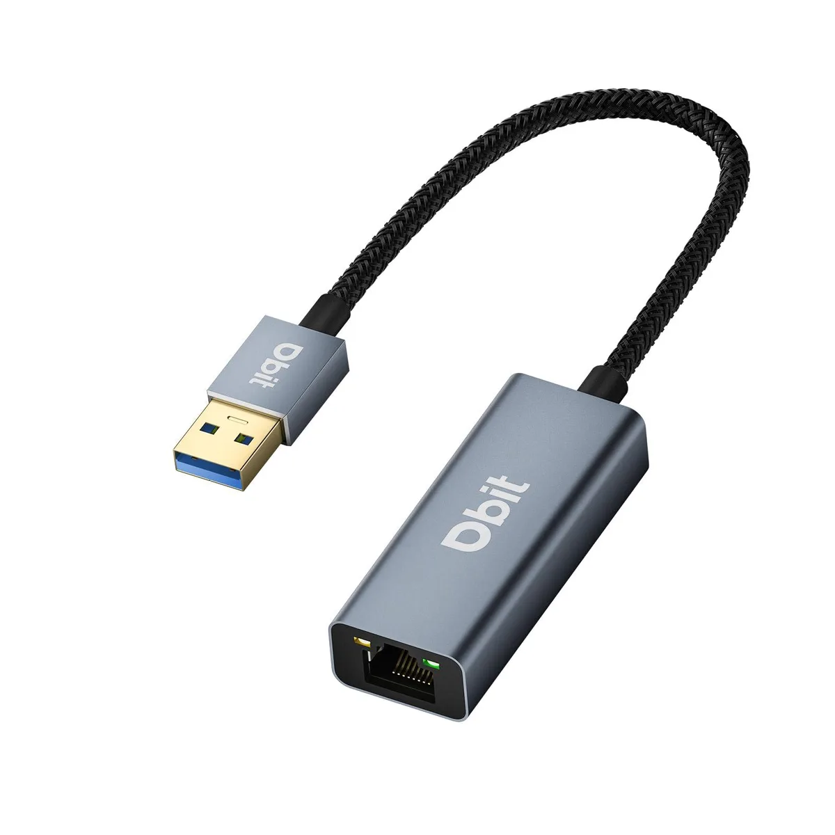 Gray USB 3.0 to RJ45 adapter with braided cable and aluminum case