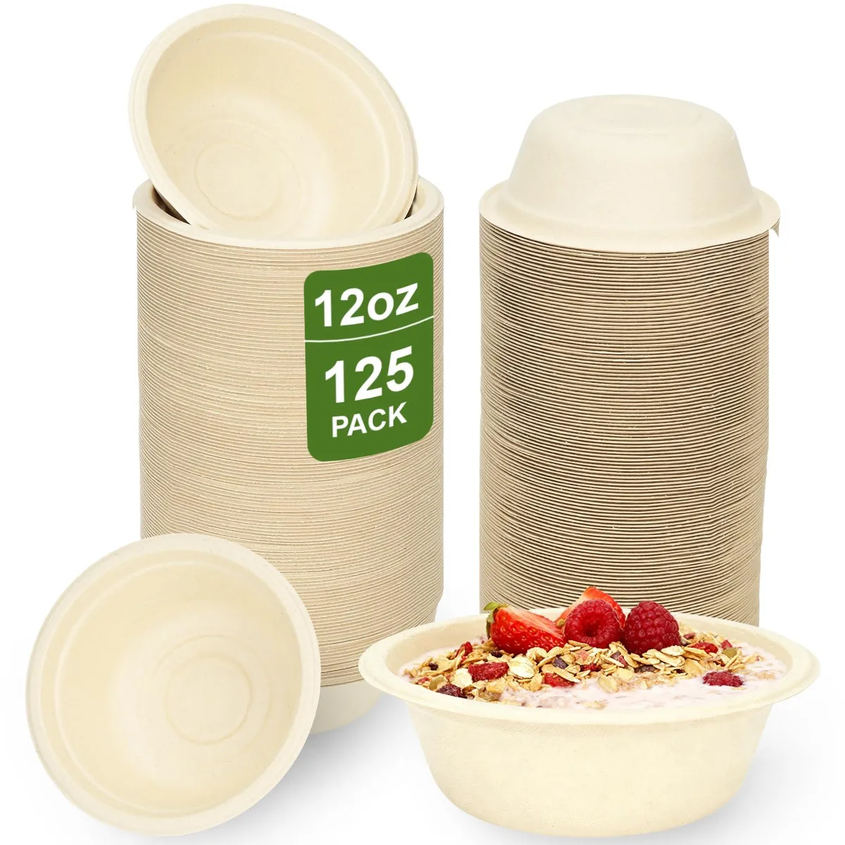 Stack of 125 round brown bagasse bowls 12 oz