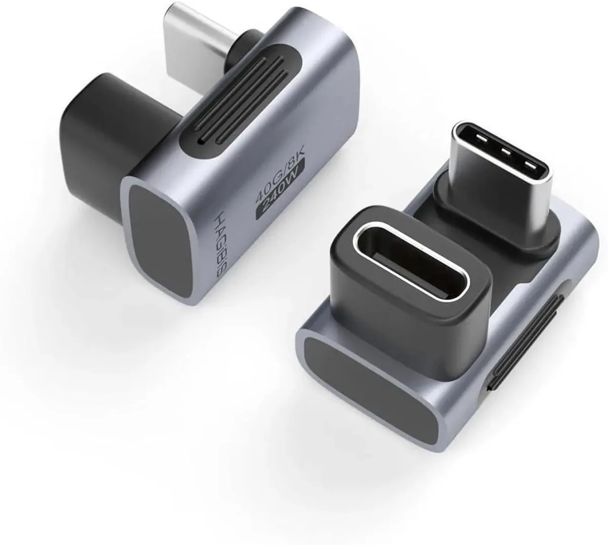Two compact U-shaped USB-C adapters with aluminium finish and gold contacts, 180-degree bend