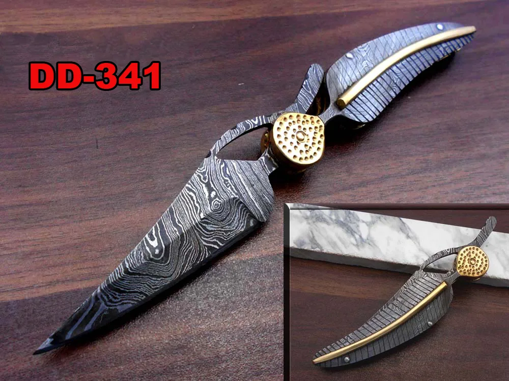 Damascus Depot Damascus Depot 8" Folding Knife Leaf Shape Engraved Brass Damascus Scale 3.5" Blade Leather Sheath — product photo