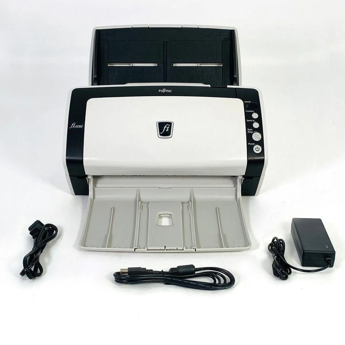 Compact white document scanner with paper trays and USB cable