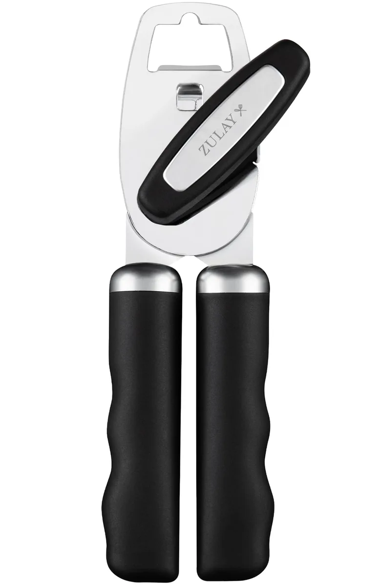 Black manual can opener with soft-grip handles and turn knob