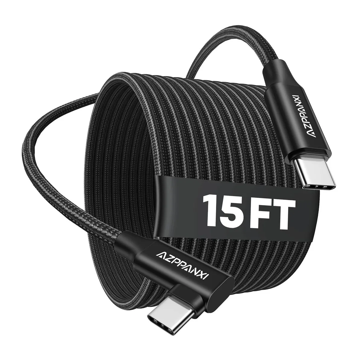 Orange 90° right-angle USB-C to USB-C cable, nylon braided, 3 ft length
