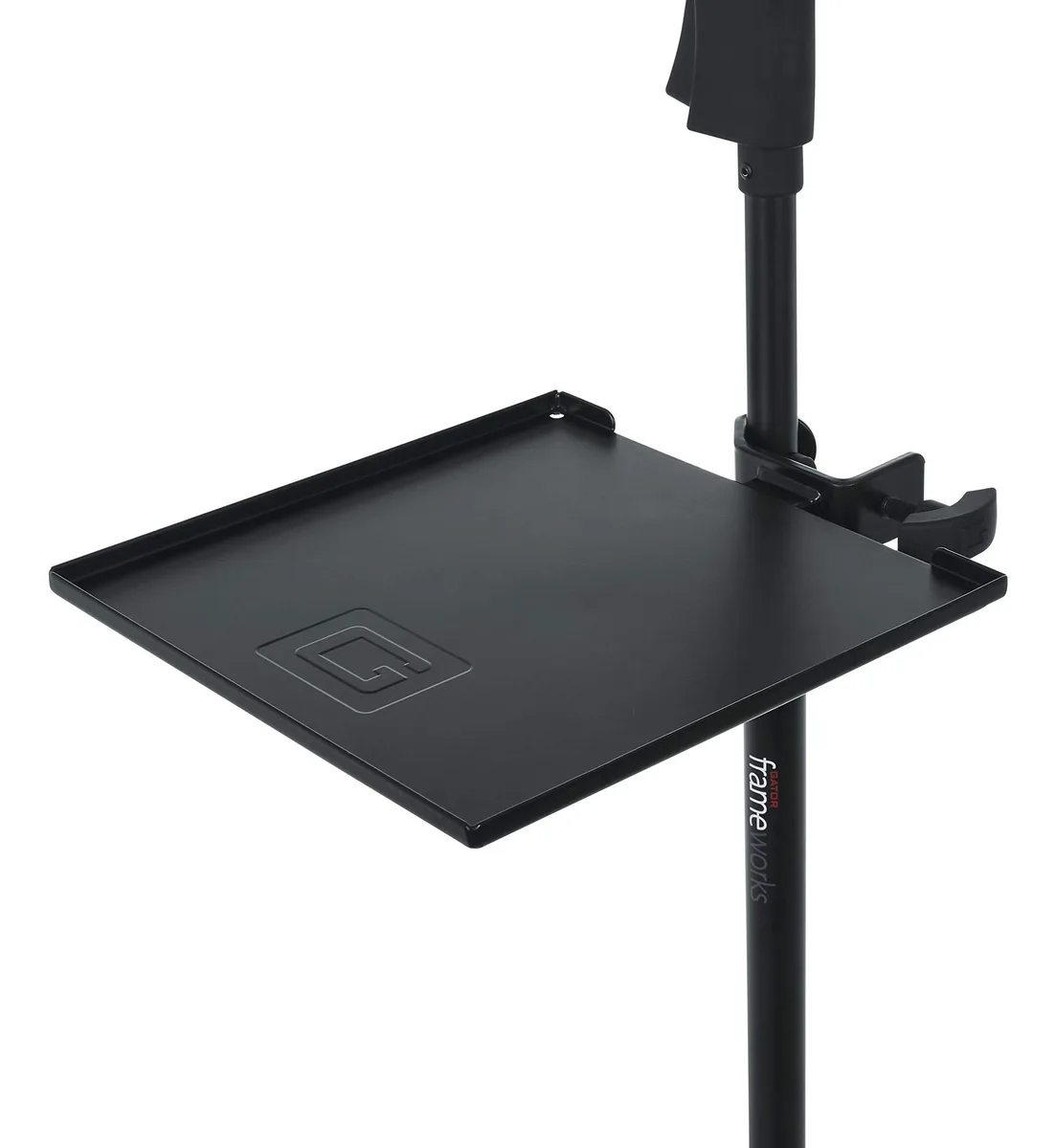 Black powder-coated steel clamp-on shelf, nine by nine inches, raised edges, mounts on microphone stands up to 40 mm