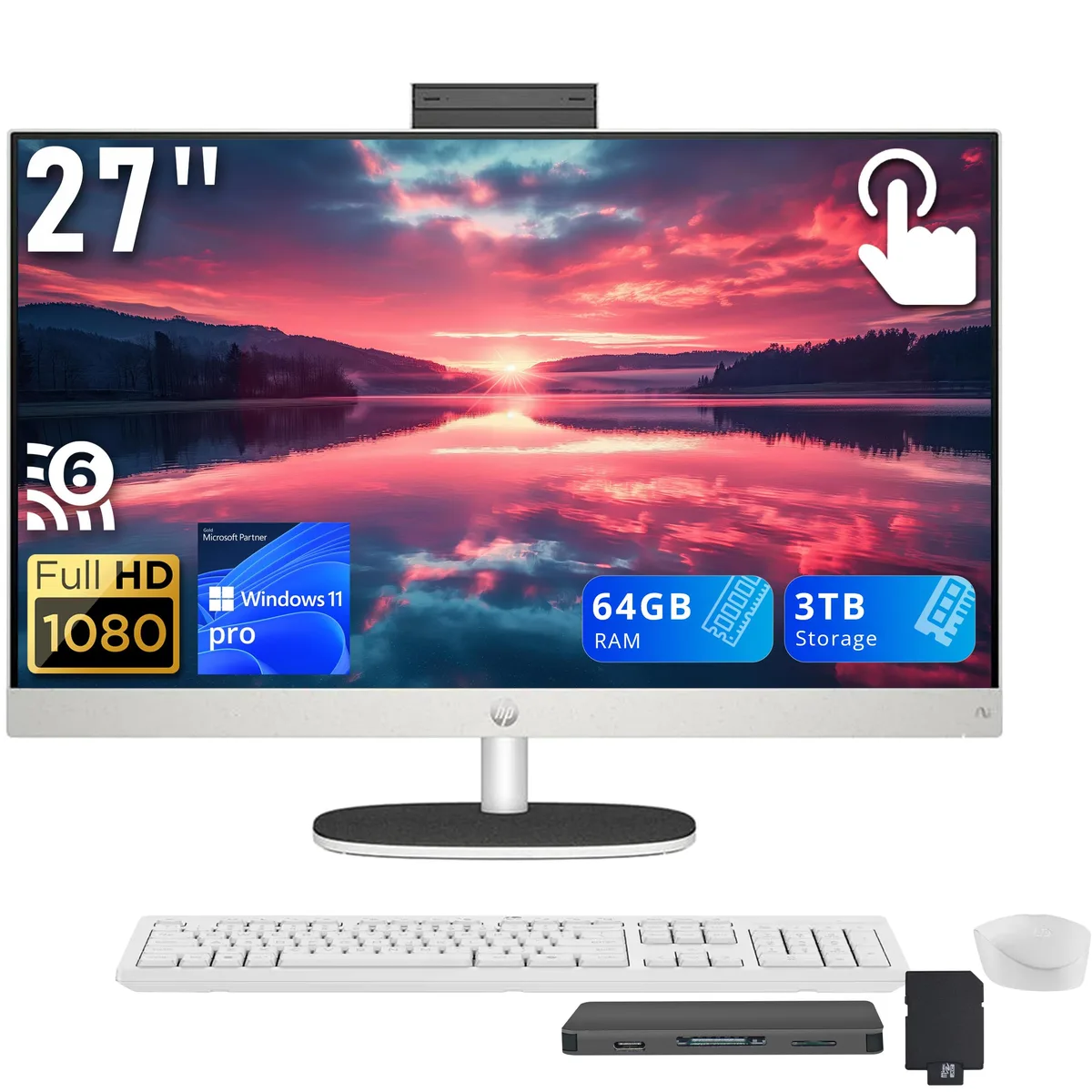 HP HP 27" FHD Touch All-in-One PC, Ryzen AI 7 350, 64GB DDR5, 2TB SSD + 1TB Dock, Radeon 680M, White — product photo