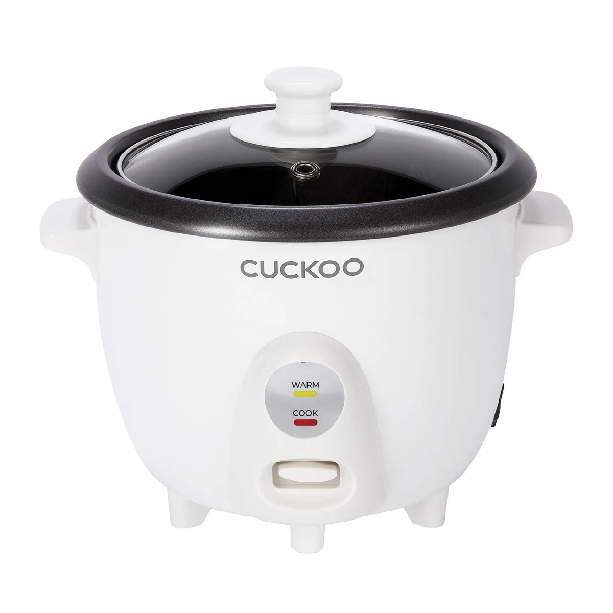 White compact rice cooker with glass lid and steam tray