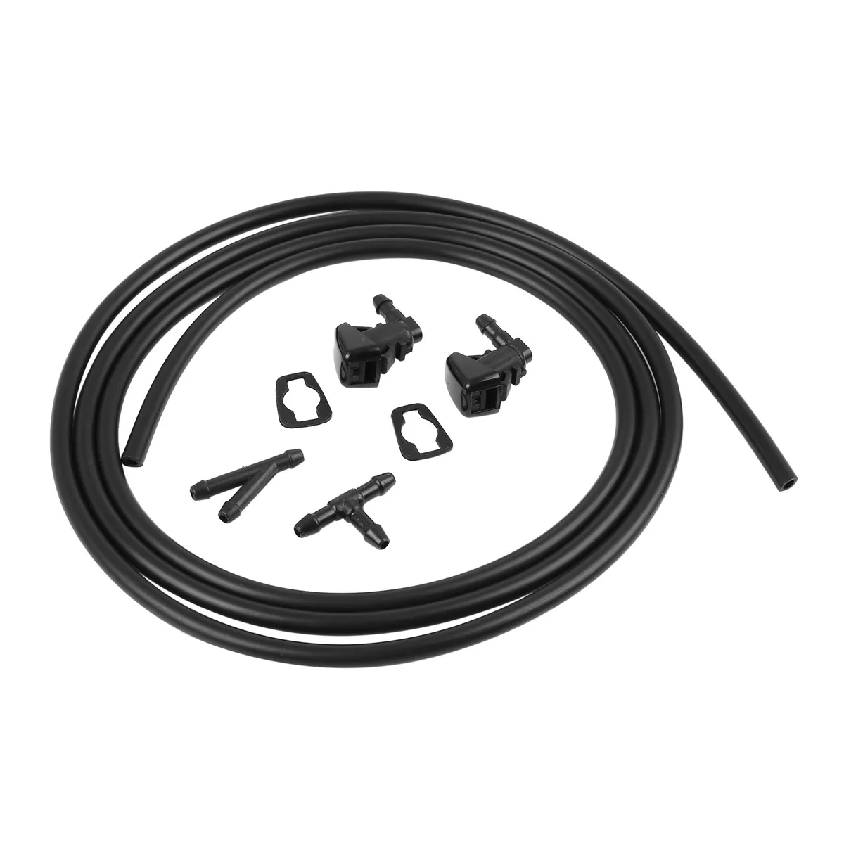 Black plastic windshield washer nozzle kit with hose and connectors