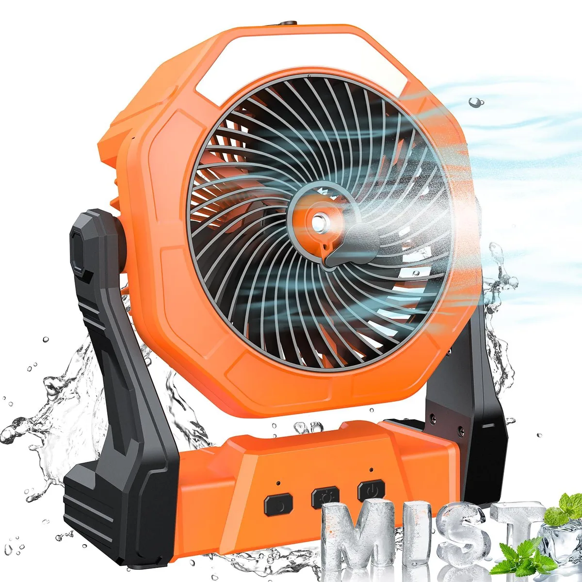 White plastic portable misting fan with water tank and built-in LED lantern