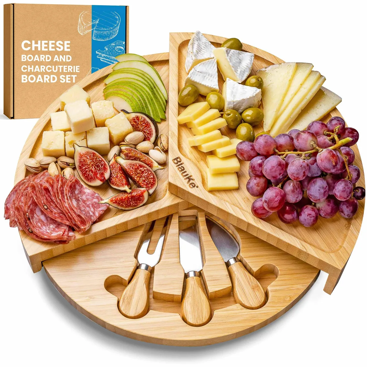 BlauKe BlauKe Bamboo Cheese Board &amp; Knife Set 14.5" Round with Slide-Out Drawer — product photo