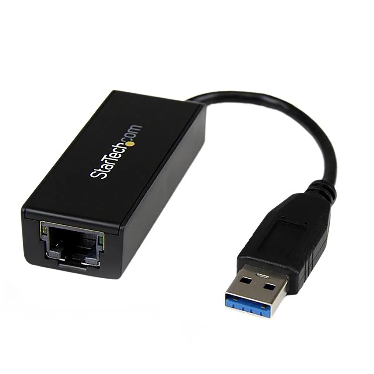 Small black USB 3.0 to RJ45 Gigabit Ethernet adapter with LED indicators