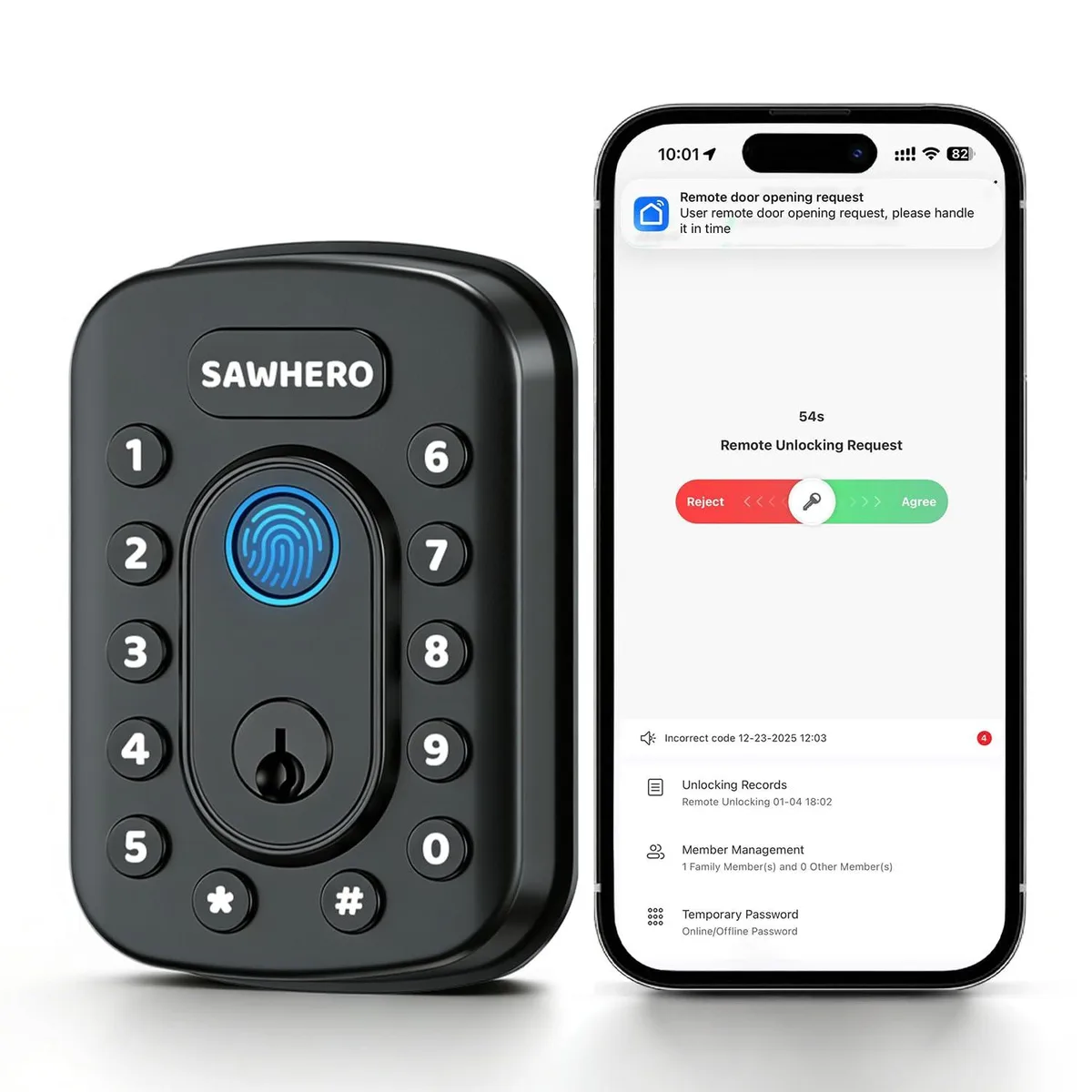 Matte black aluminium smart deadbolt with fingerprint sensor and keypad