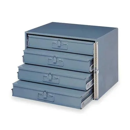 Grey steel four-drawer cabinet with powder-coated finish