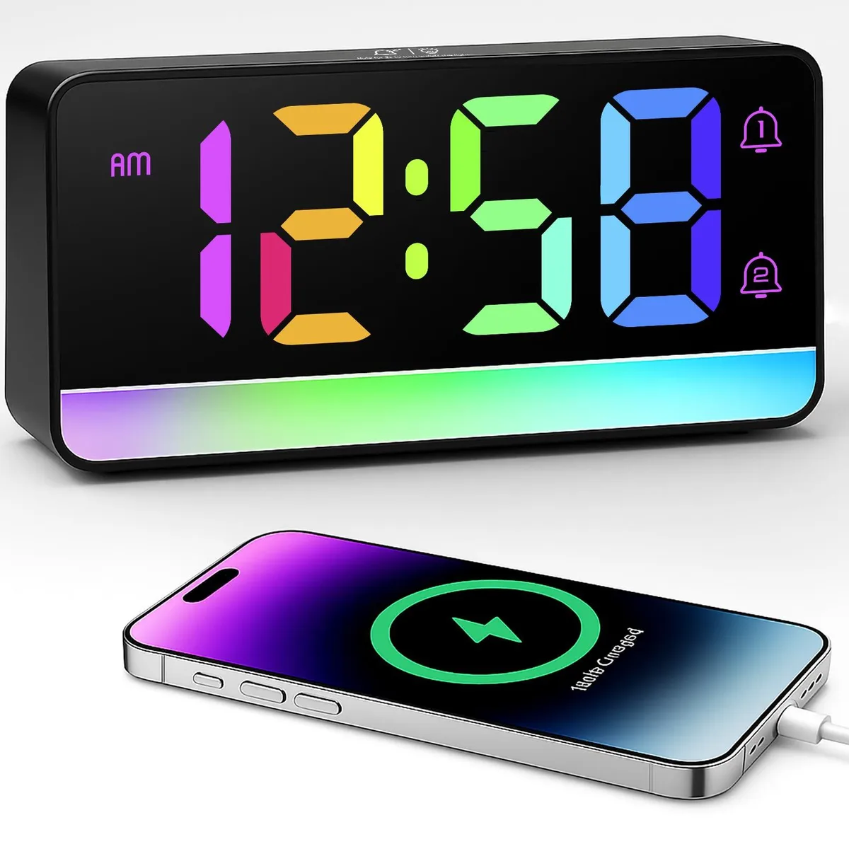 Black rectangular digital clock with large LED display and top snooze button