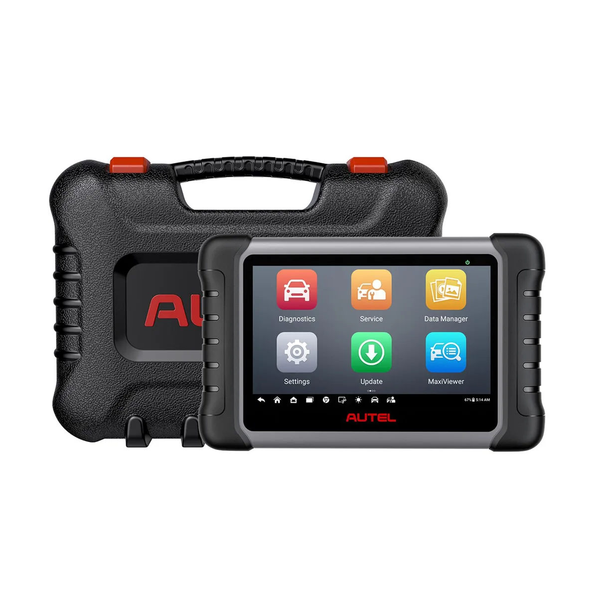 Rectangular diagnostic tablet with dark grey plastic body and large touchscreen display