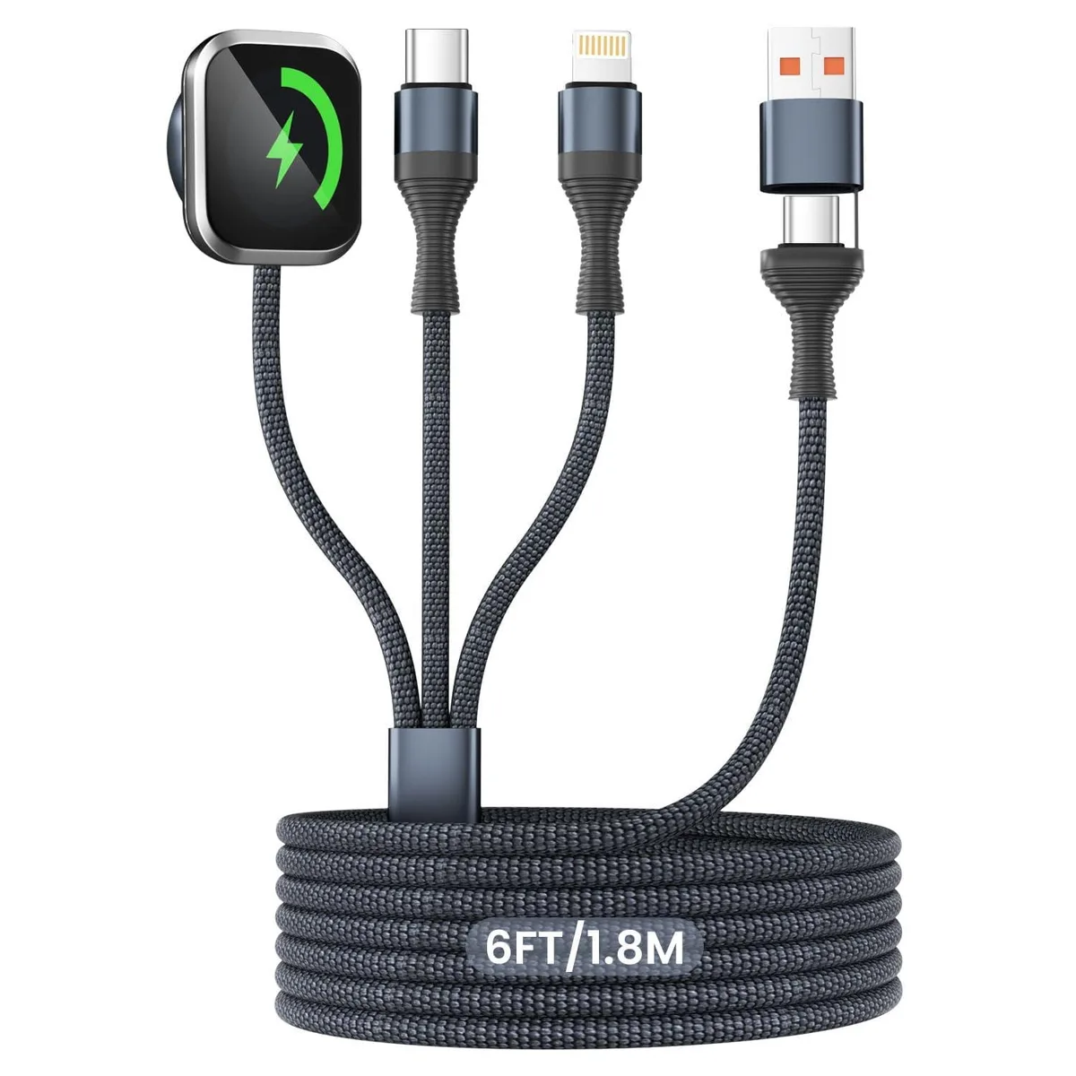 Dark gray 6-foot multi charging cable with USB-A and USB-C inputs and iWatch, USB-C, Lightning outputs