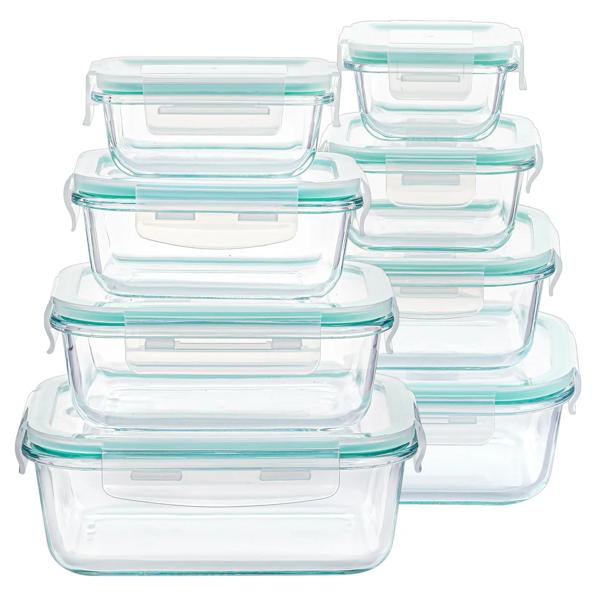 Eight red-lidded glass containers in square and rectangular shapes, nested together