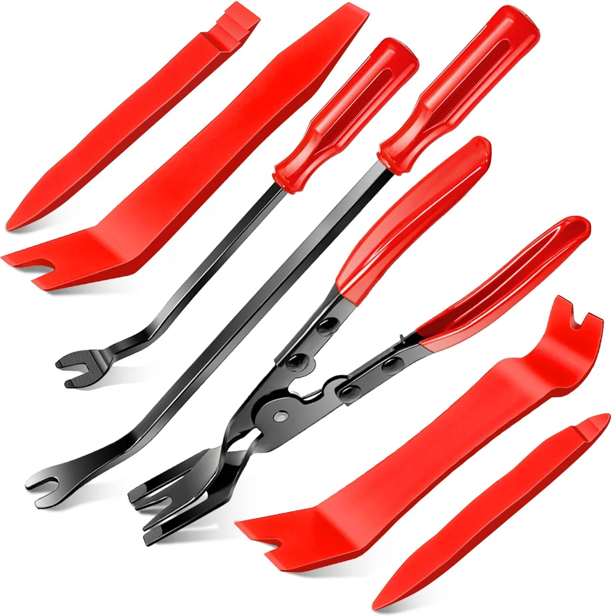 Red 7-piece plastic trim removal kit with pry bars and clip pliers