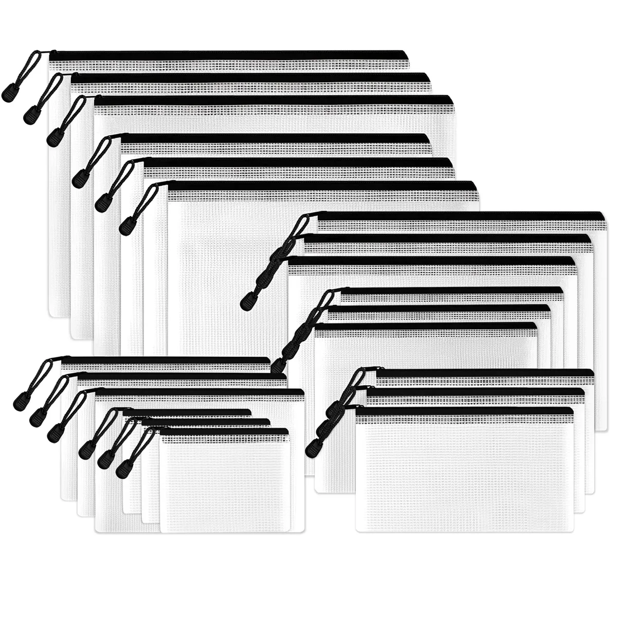 Black mesh zipper pouches in seven sizes, 21 packs, transparent PVC with rope-loop pulls