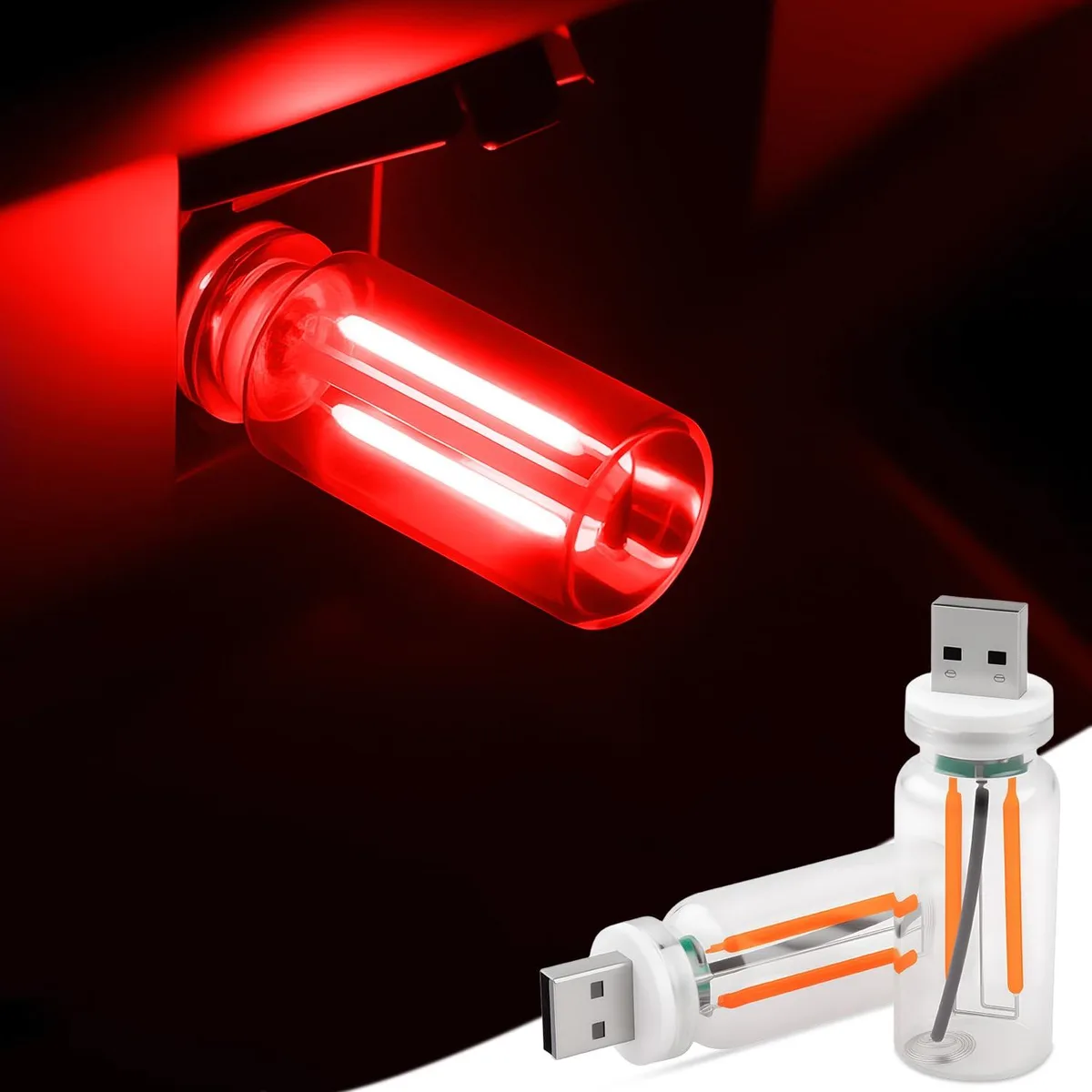  2 PCS Car USB Lights Retro Atmosphere Lamp Touch Dimmable Glass Bottle LED Red — product photo