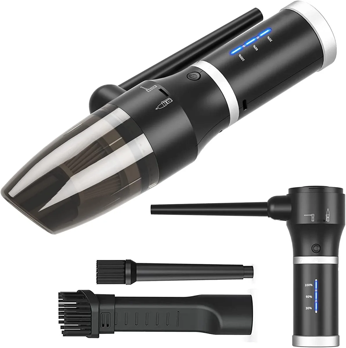 Compact cordless air duster and vacuum with detachable battery and three nozzles