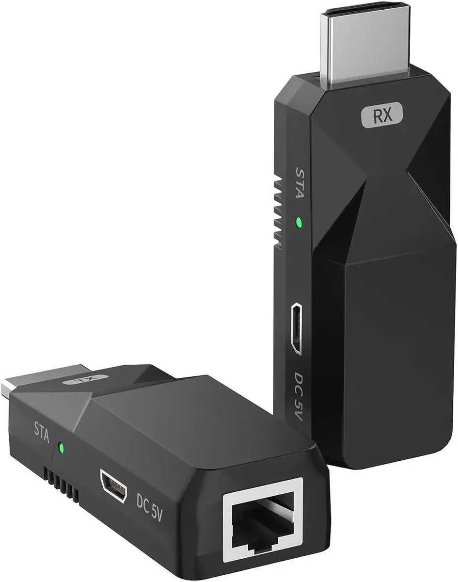 Pair of compact HDMI extender units with integrated male plugs and USB power cables