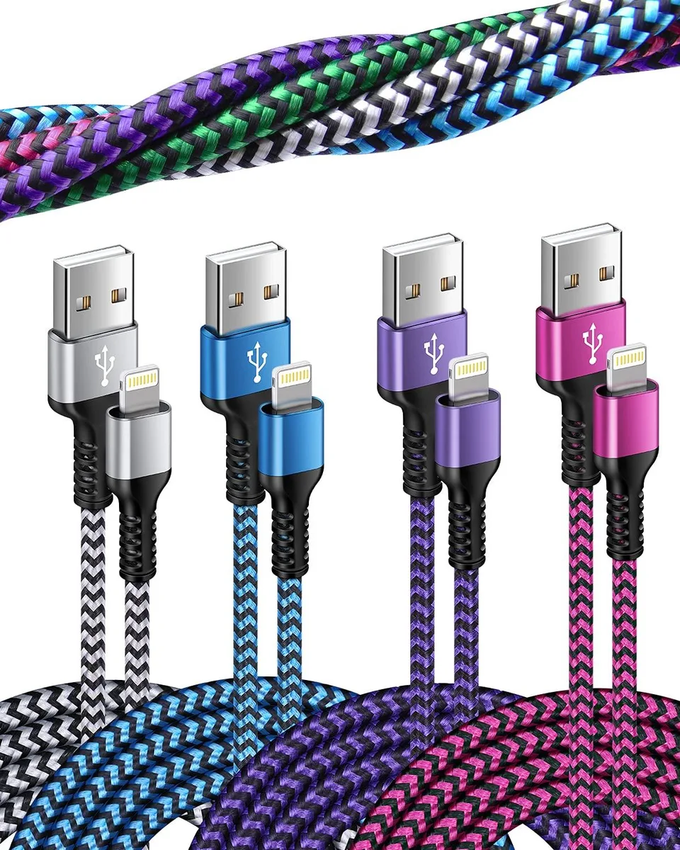 Four 3 ft braided USB-A to Lightning cables in multiple colours