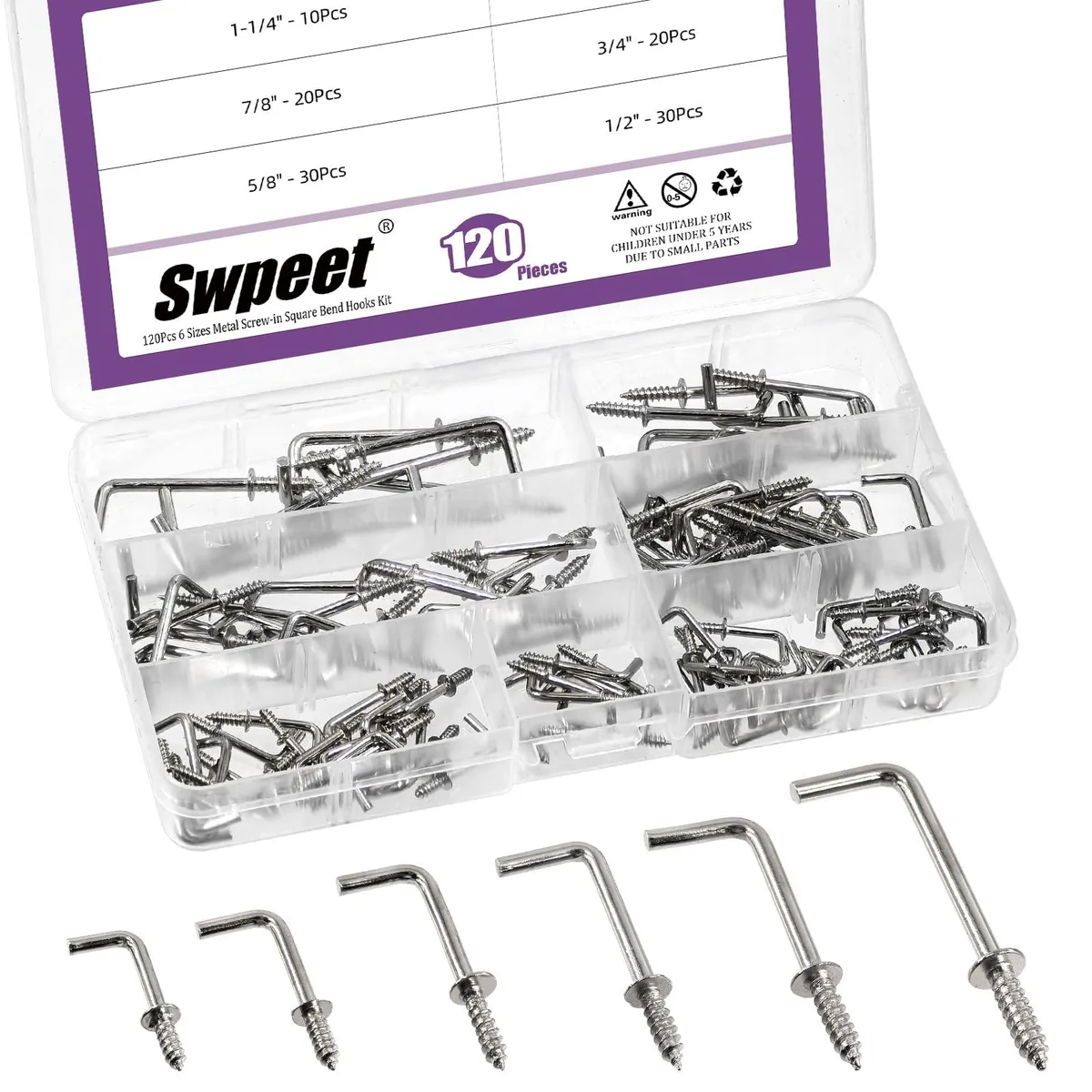 120 silver metal square-bend screw hooks in a clear lidded box