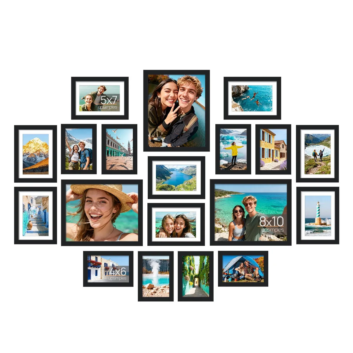 Nineteen black wood frames in three sizes with plastic covers and tabletop stands