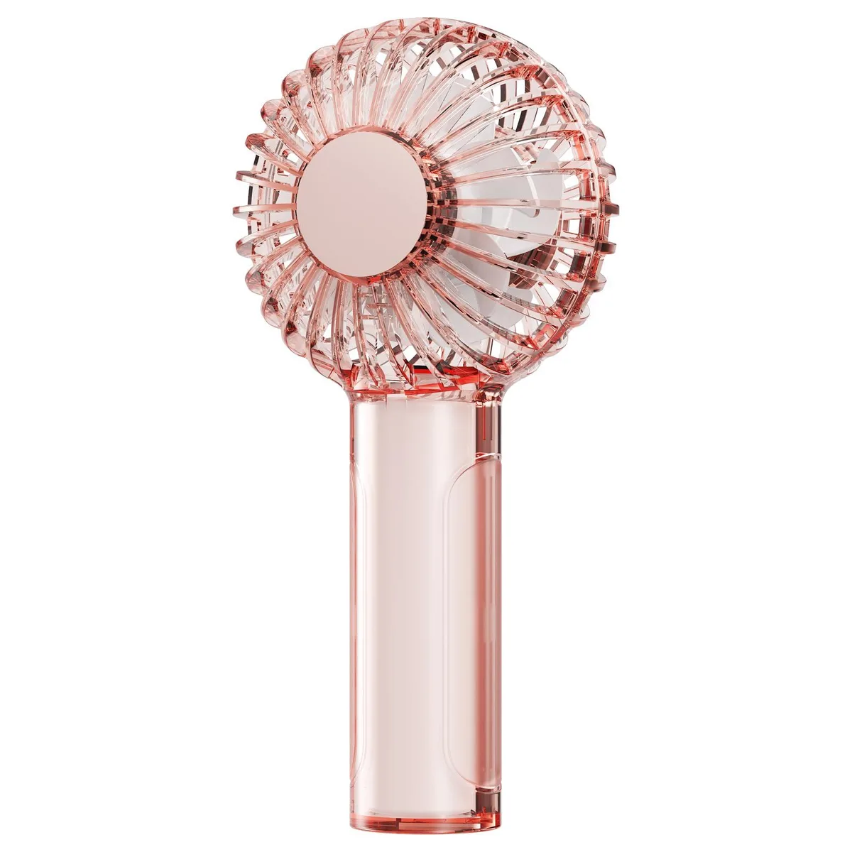 Pink handheld fan with transparent casing and dual blades