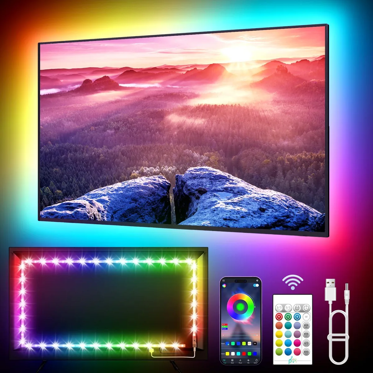 White 23ft LED strip kit with clear prismatic finish, remote and USB power for 75-100in TV
