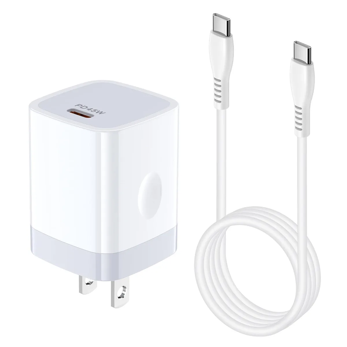 White compact USB-C wall charger with six-foot cable