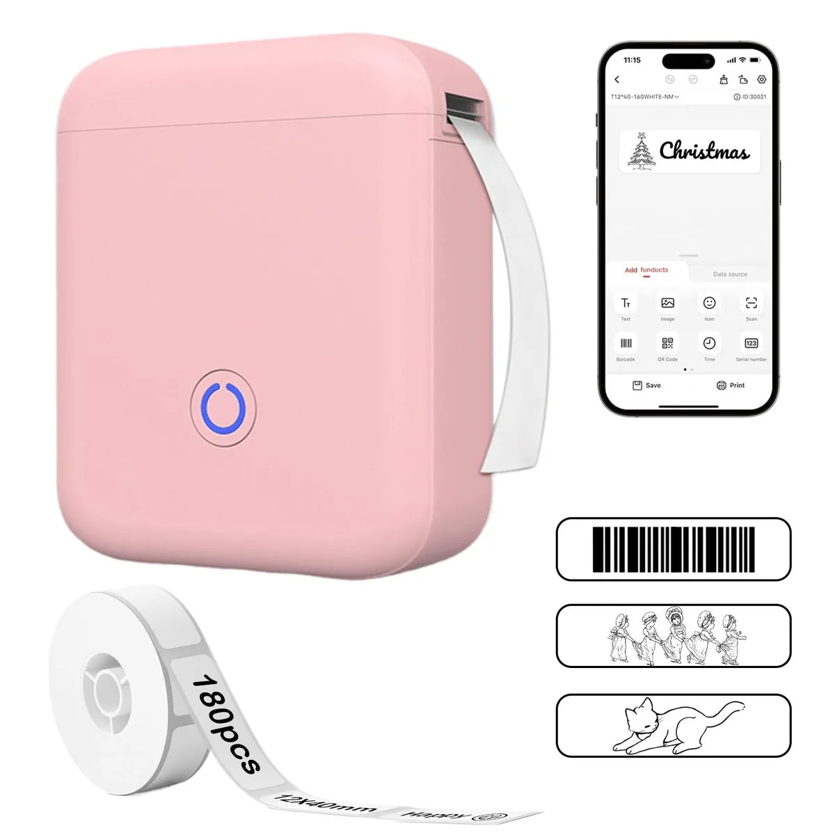 Pink rectangular thermal label printer with rounded edges, USB-C port, 150 grams