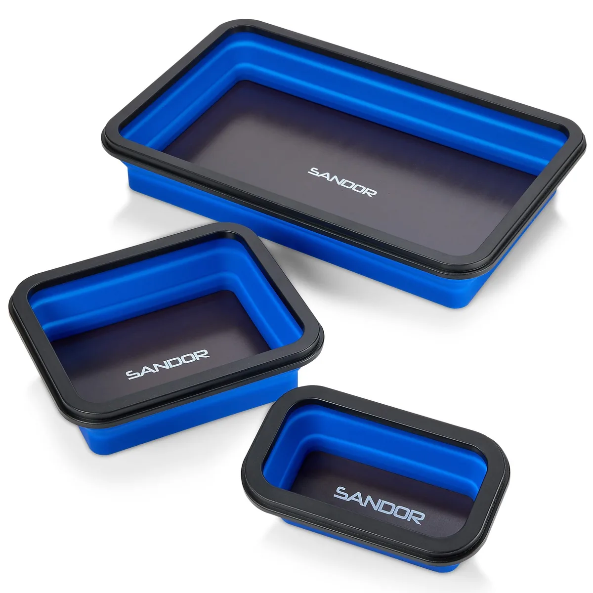 Three blue collapsible silicone magnetic trays in small medium large sizes