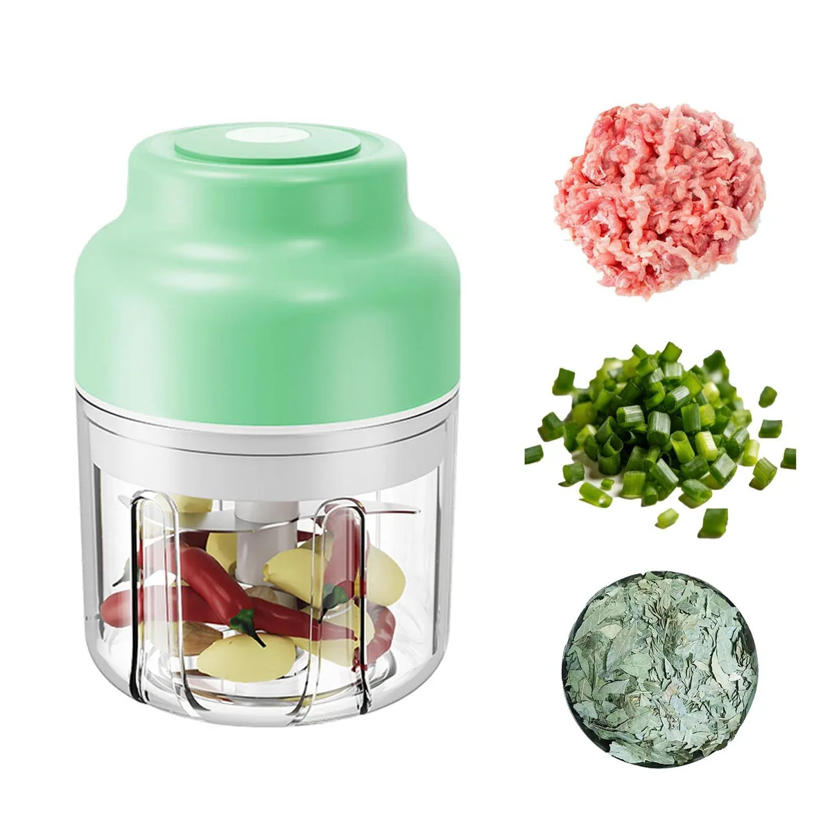 Green wireless mini food processor with clear cup and stainless steel blades