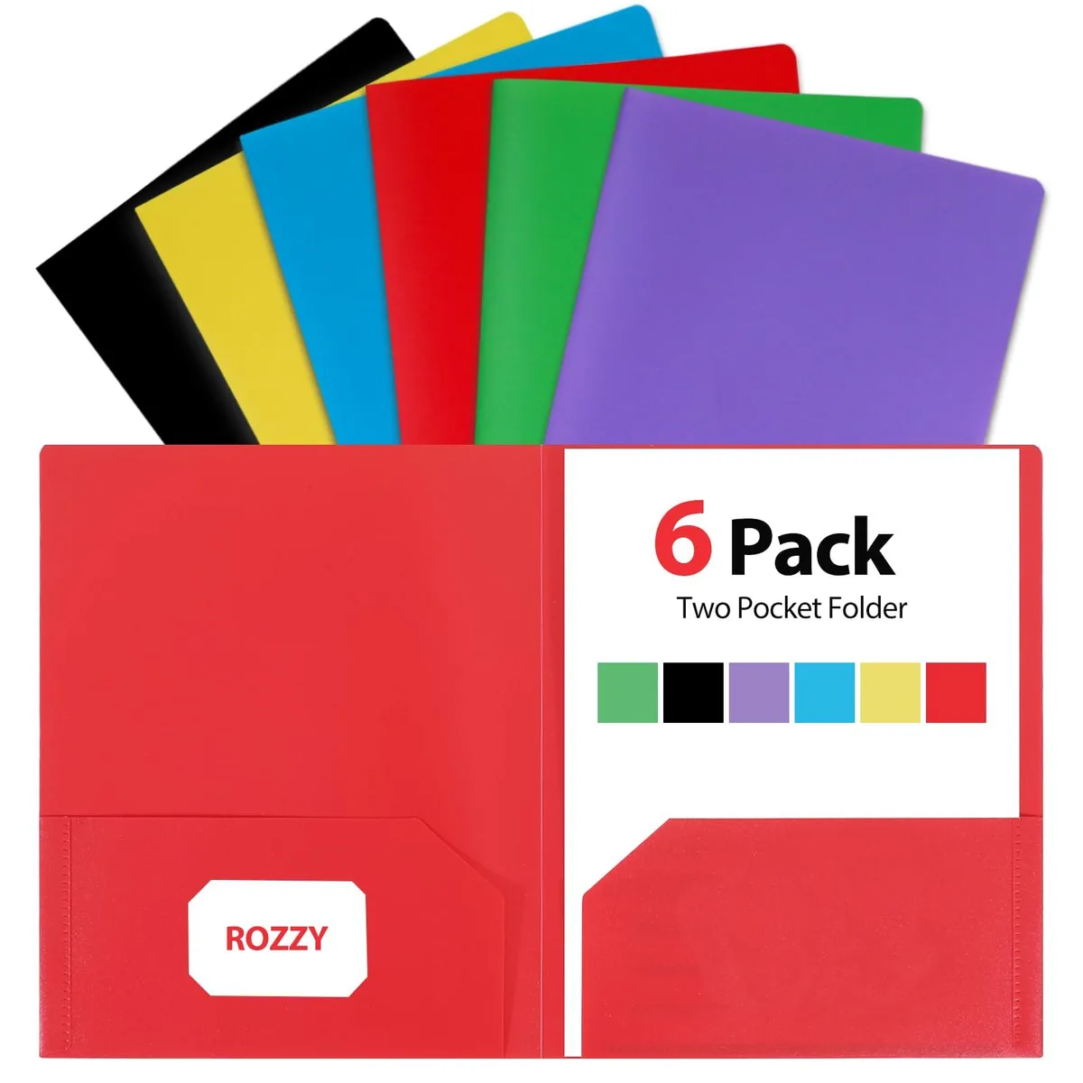 Six assorted-colour plastic folders with two pockets each