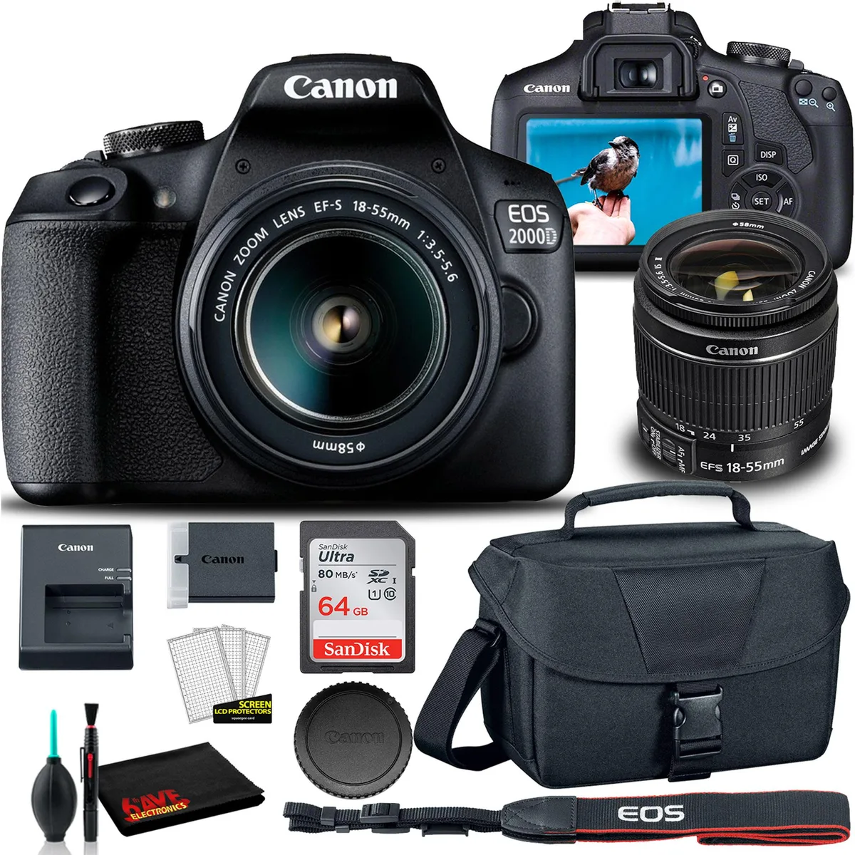 Canon International Canon EOS 2000D DSLR Camera 24.1MP 18-55mm Lens Kit + Bag 64GB Card Cleaning Set International Model — product photo