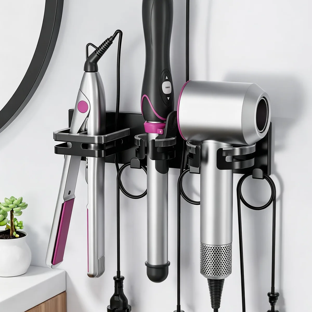 Black metal wall-mounted hair tool organizer with slots for dryer and irons, cord storage, powder-coated finish